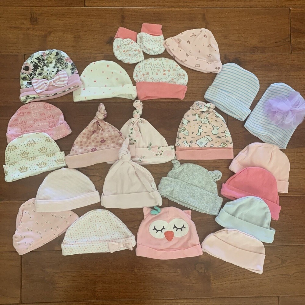 20 piece Baby Girl Newborn Hat Lot 0-6-9 Months Cotton Animals Flowers + Booties